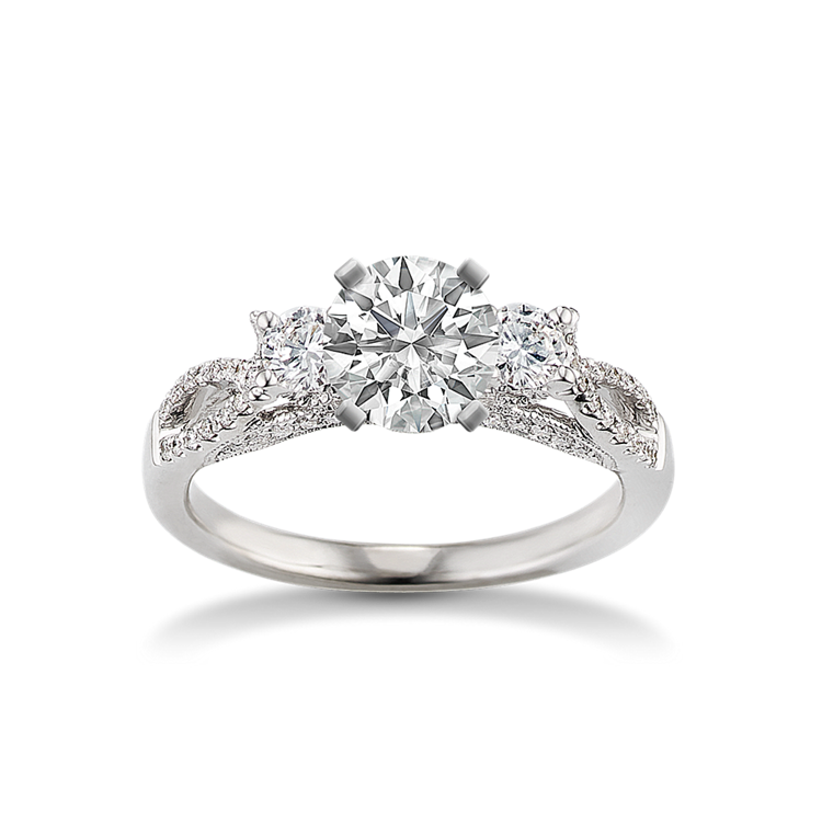 Poesie Three-Stone Swirl Diamond Engagement Ring in 14k White Gold