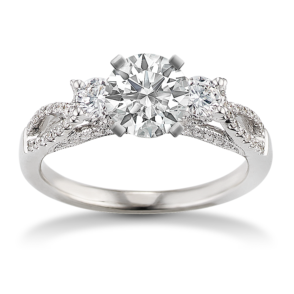 Poesie Three-Stone Swirl Diamond Engagement Ring in 14k White Gold