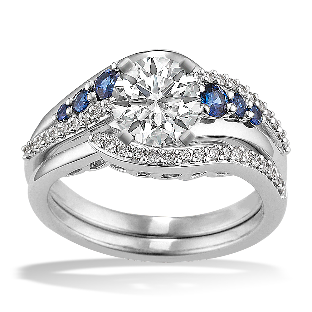 Daphne Round Sapphire and Diamond Wedding Set in 14k White Gold
