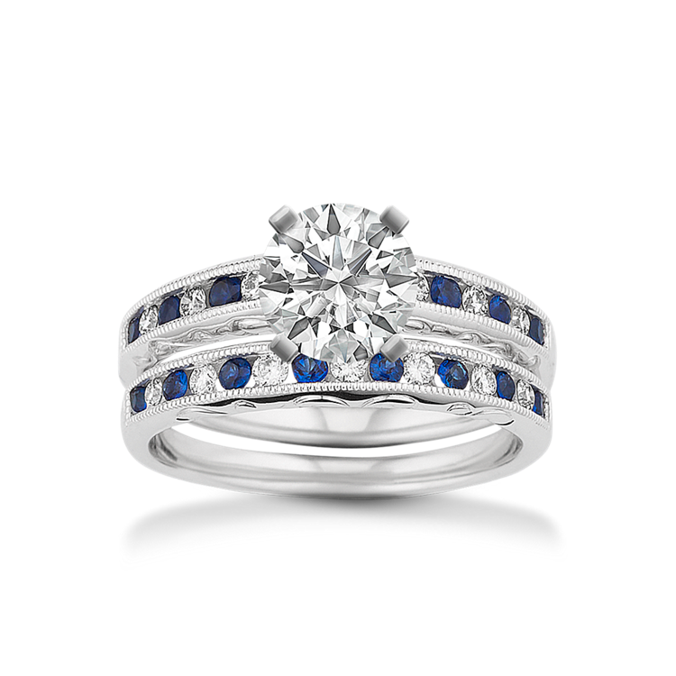 Ensemble Vintage Natural Sapphire and Natural Diamond Wedding Set with Channel-Setting