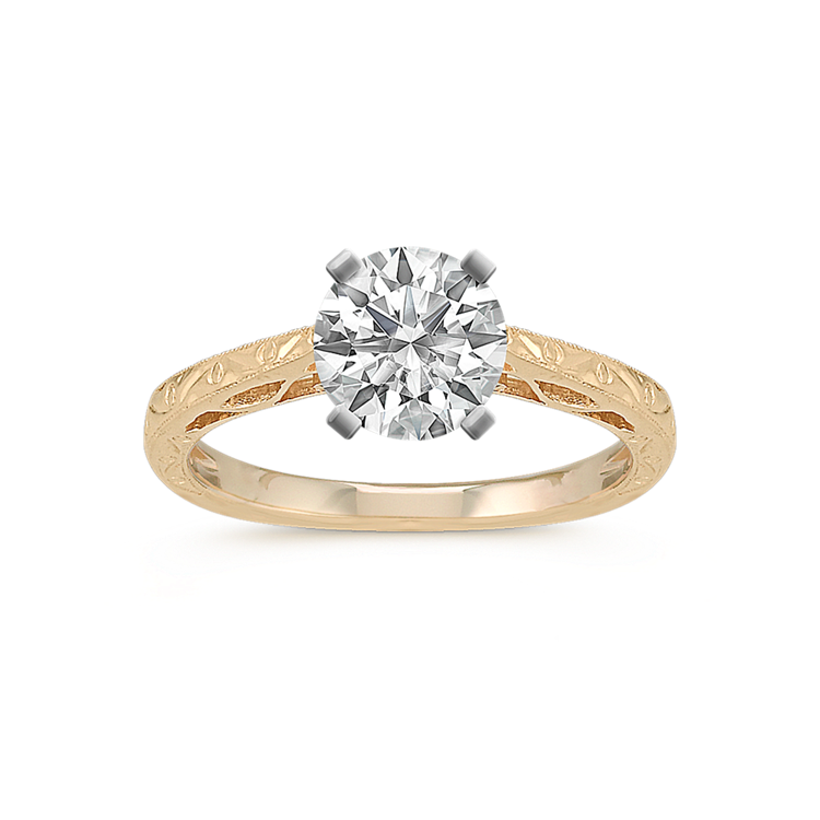 Swirl Engraved Cathedral Solitaire 14k Yellow Gold Engagement Ring