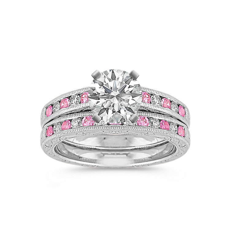 Vintage Round Pink Natural Sapphire and Natural Diamond Wedding Set