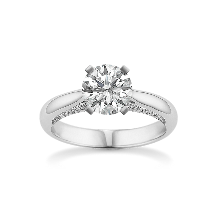 Cathedral Round Natural Diamond Engagement Ring in 14k White Gold