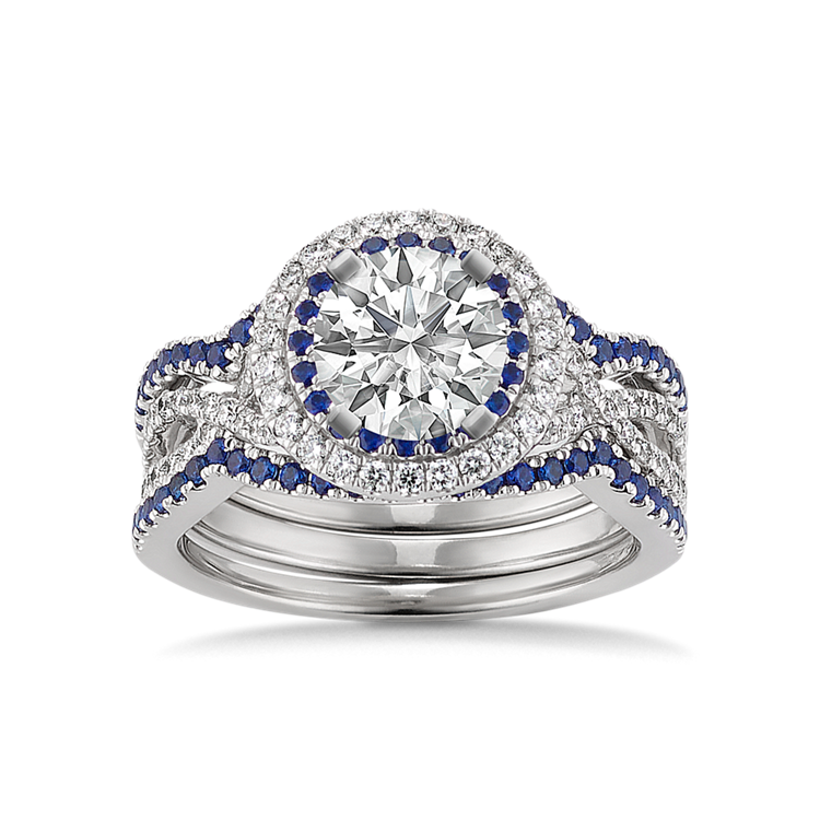 Calypso Round Halo Infinity Wedding Set with Round Traditional Natural Sapphire and Natural Diamond