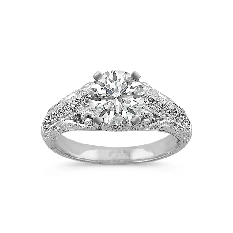 Round Natural Diamond Vintage Engraved Platinum Engagement Ring