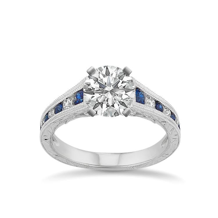 Round Traditional Natural Sapphire and Natural Diamond Vintage Engagement Ring
