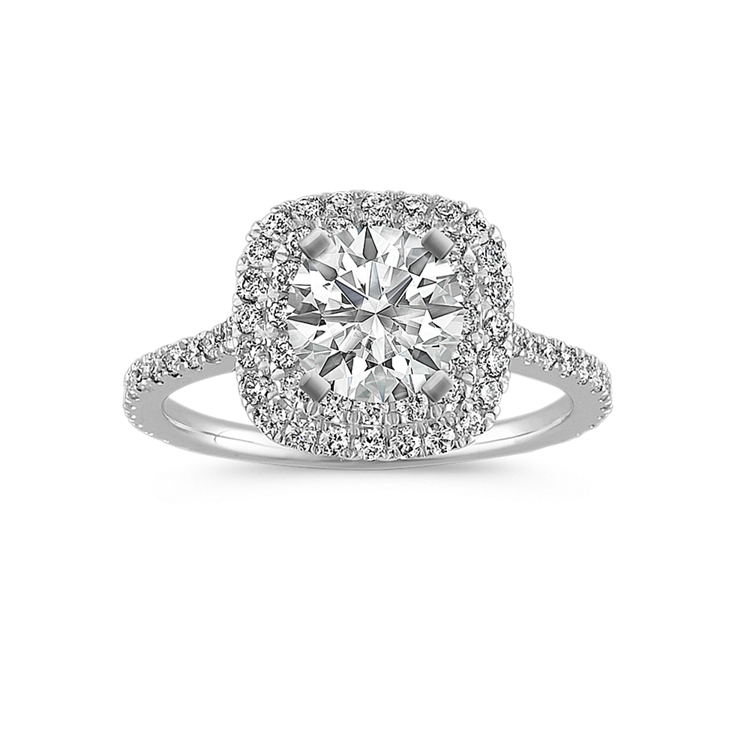 Round Natural Diamond Double Halo Engagement Ring with Pave-Setting