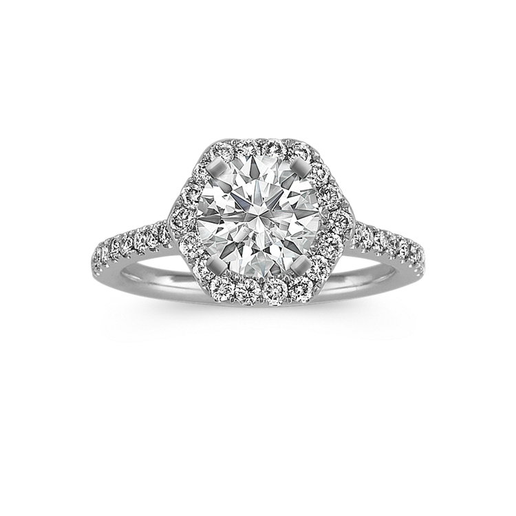 Round Natural Diamond Hexagon Halo Engagement Ring in 14k White Gold