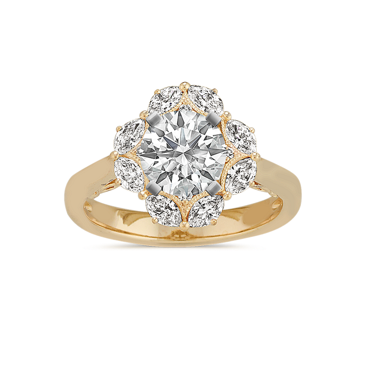 Navette Natural Diamond Halo Engagement Ring with Milgrain Detail
