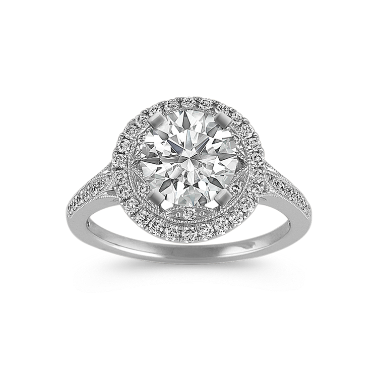 Round Natural Diamond Halo Vintage Engagement Ring with Pave Setting