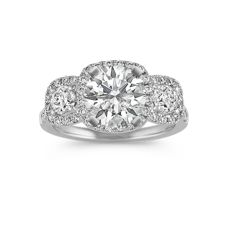 Three-Stone Natural Diamond Halo Engagement Ring