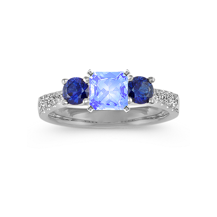Round Natural Sapphire and Natural Diamond Three-Stone Engagement Ring in 14k White Gold