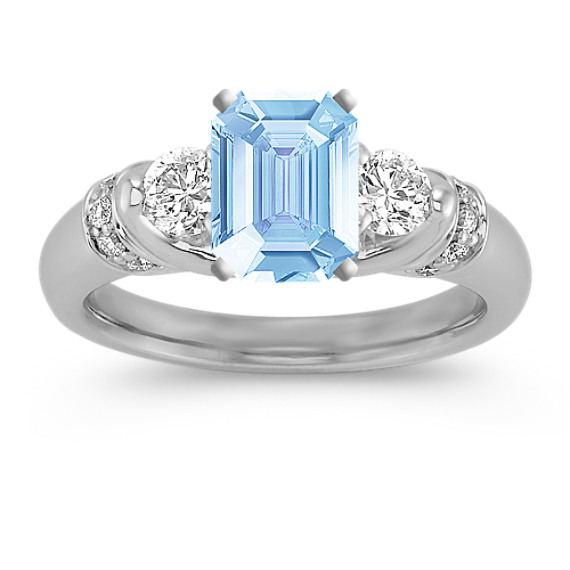 Three-Stone Diamond Platinum Engagement Ring with Emerald Cut Aquamarine