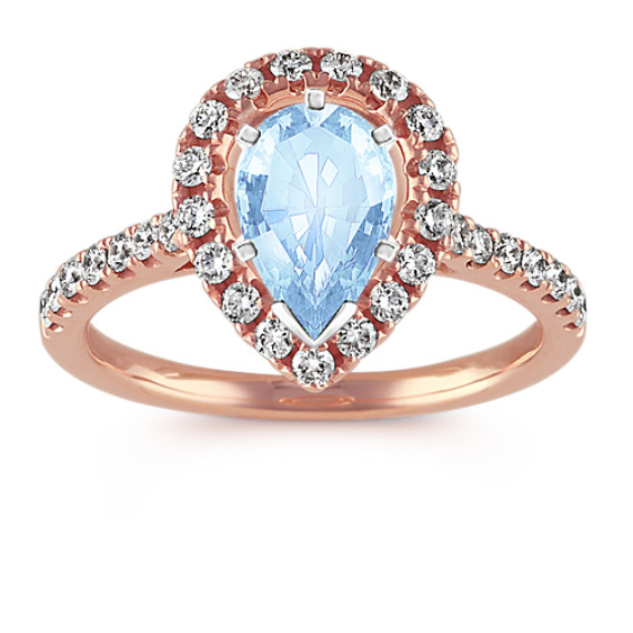 Pear-Shaped Halo Diamond Engagement Ring in 14k Rose Gold with Pear Aquamarine