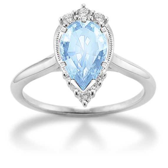 Dewdrop Diamond Pear-Shaped Engagement Ring in 14k White Gold with Pear Aquamarine
