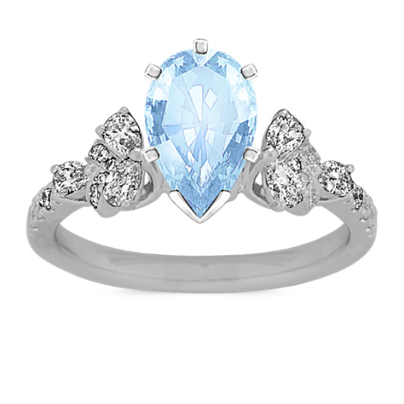 Classic Pear and Round Diamond Engagement Ring with Pear Aquamarine