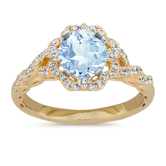 Vintage-Style Swirl Diamond Engagement Ring with Round Aquamarine