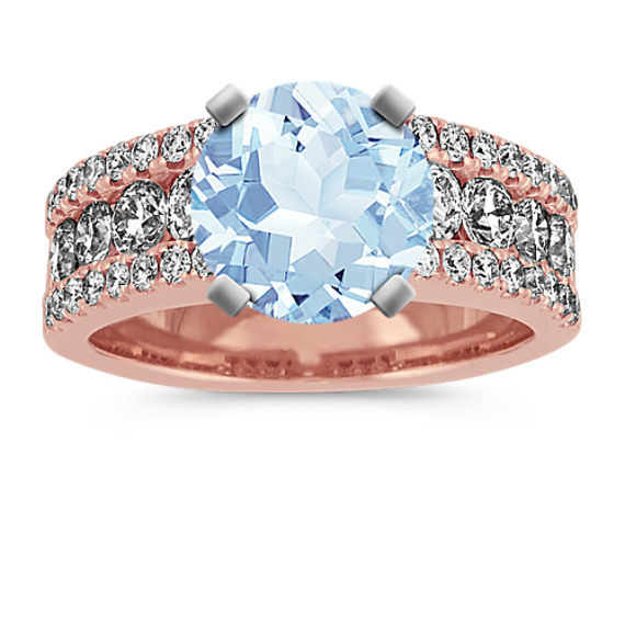 Cathedral Diamond Engagement Ring in 14k Rose Gold with Round Aquamarine