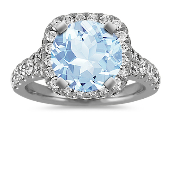 Halo Diamond Engagement Ring in 14k White Gold with Round Aquamarine