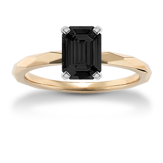 Modern Geometric Engagement Ring in 14k Yellow Gold with Emerald Cut Black Sapphire