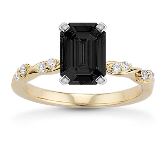 Infinite Love Diamond Engagement Ring in 14K Yellow Gold with Emerald Cut Black Sapphire