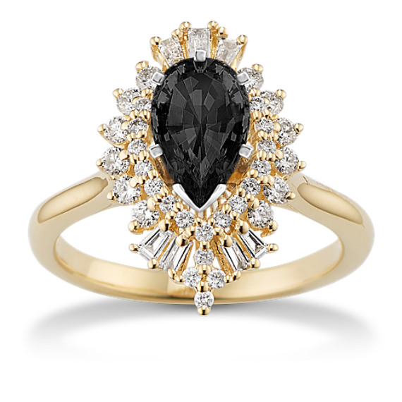 Gala Diamond Halo Engagement Ring with Pear Black Sapphire