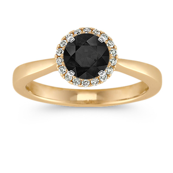 Round Diamond Halo Engagement Ring in 14k Yellow Gold with Round Black Sapphire