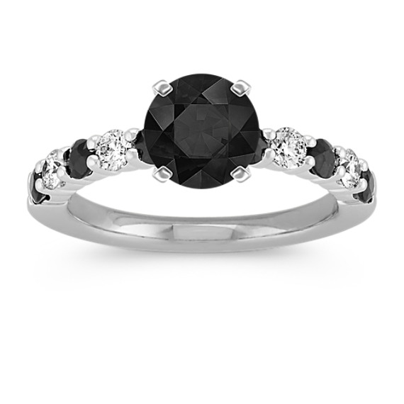 Round Black Sapphire and Round Diamond Engagement Ring