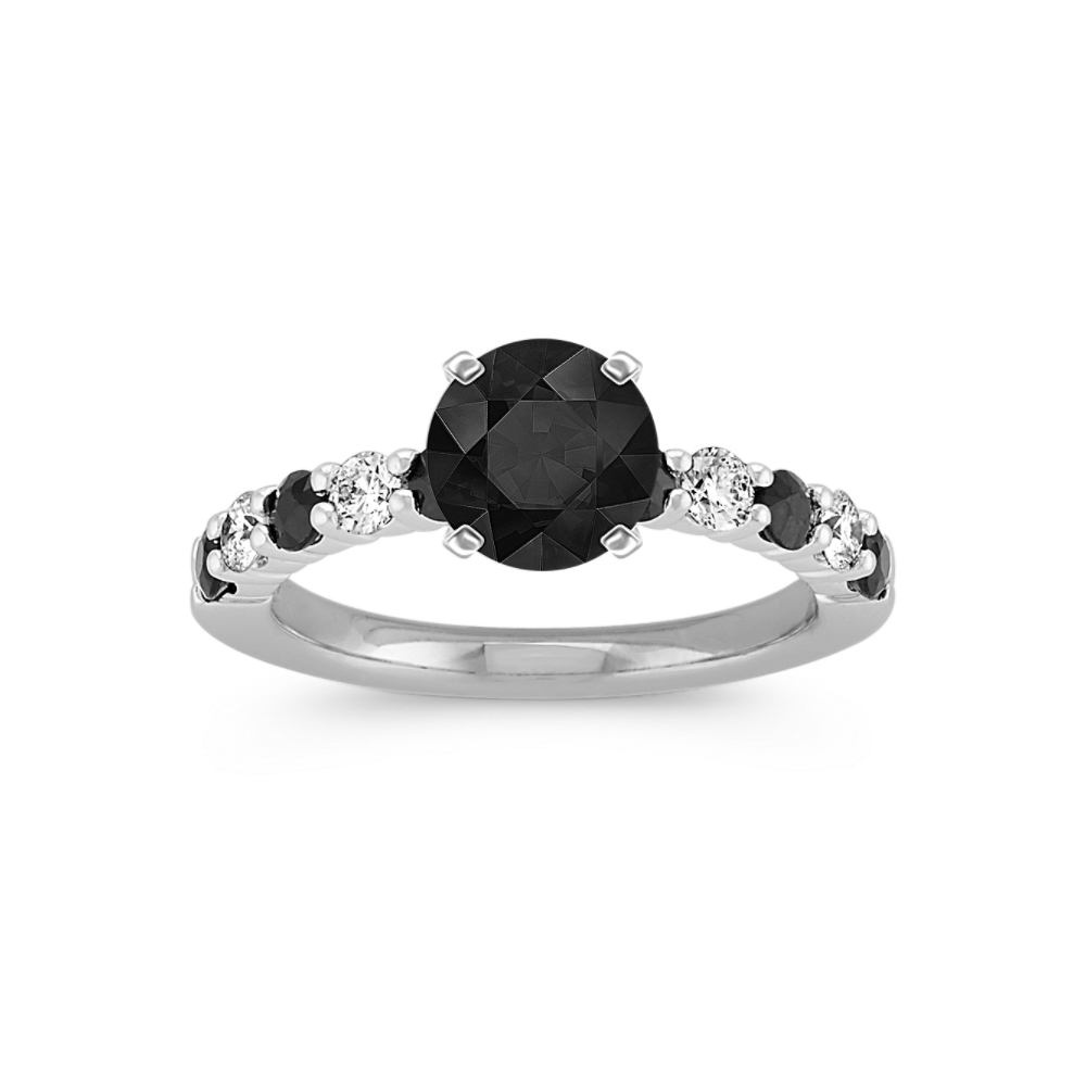Round Black Natural Sapphire and Round Natural Diamond Engagement Ring