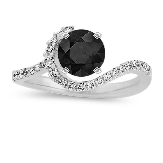 Diamond Swirl Ring for 1 ct Round Gemstone with Round Black Sapphire