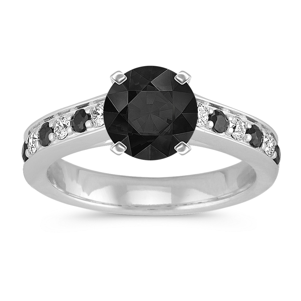 Round Black Sapphire and Diamond Engagement Ring