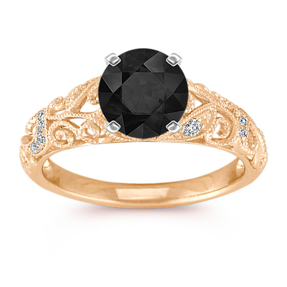 Vintage Diamond Engagement Ring in Yellow Gold with Round Black Sapphire