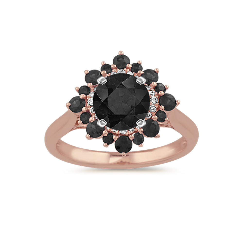 Black Natural Sapphire and Natural Diamond Halo Engagement Ring