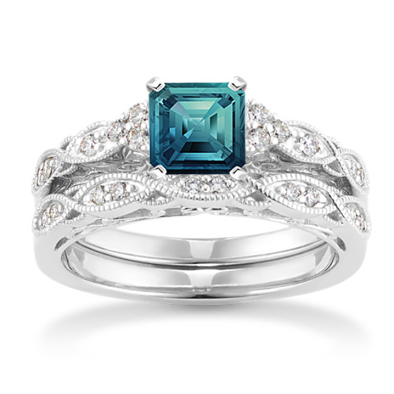 Vintage Diamond Wedding Set with Pave Setting with Asscher Blue-Green Sapphire