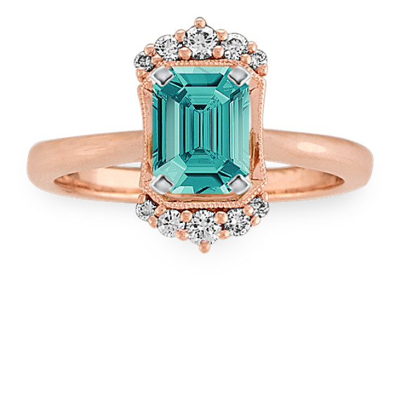 Ethereal Diamond Halo Engagement Ring in 14K Rose Gold with Emerald Cut Blue-Green Sapphire
