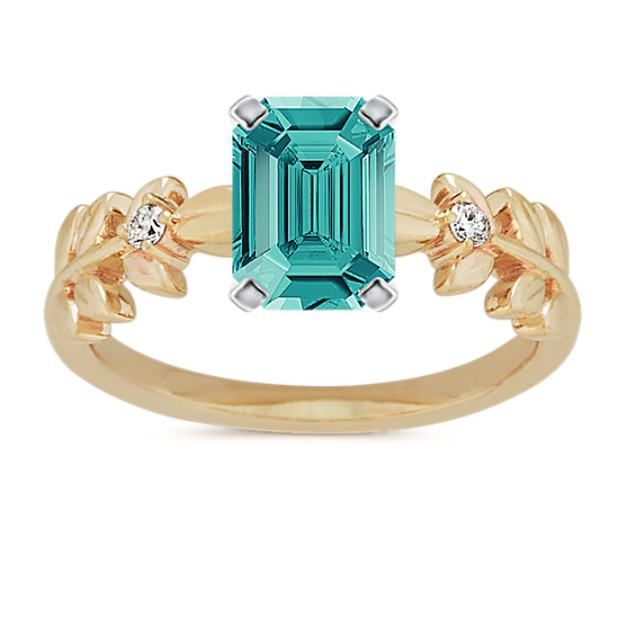 Diamond Leaf Ring in 14k Yellow Gold with Emerald Cut Blue-Green Sapphire