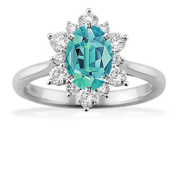 Diamond Halo Engagement Ring in 14k White Gold with Oval Blue-Green Sapphire
