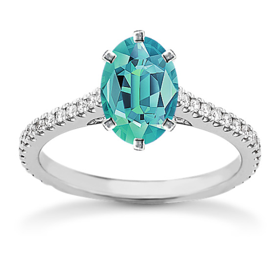Pave-Set Round Diamond Engagement Ring in 14k White Gold with Oval Blue-Green Sapphire
