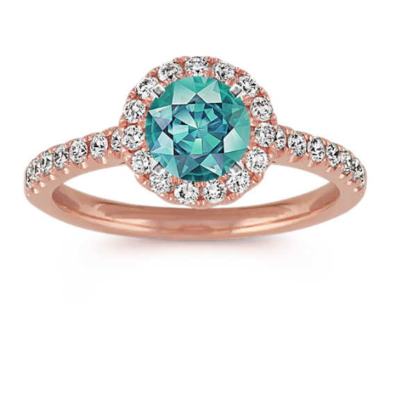 Round Halo Engagement Ring in 14k Rose Gold with Round Blue-Green Sapphire