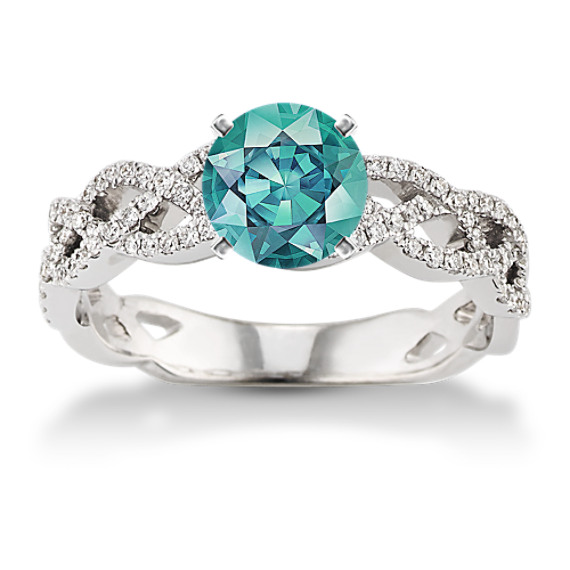 Infinity Twist Diamond Engagement Ring with Pave Setting with Round Blue-Green Sapphire