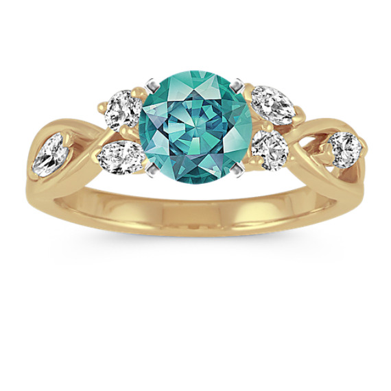 Vine Swirl Diamond Engagement Ring in 14k Yellow Gold with Round Blue-Green Sapphire