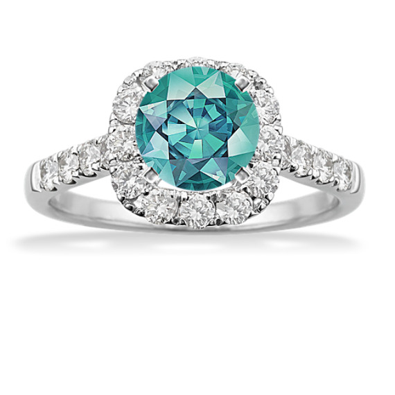 Diamond Halo Engagement Ring with Round Blue-Green Sapphire