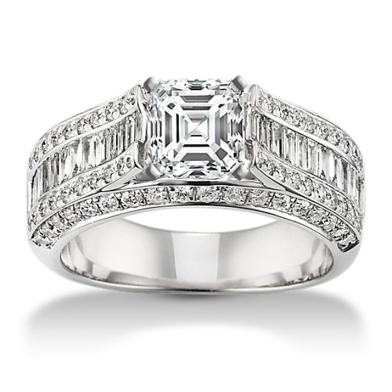 Baguette and Round Diamond Platinum Engagement Ring with Channel-Setting