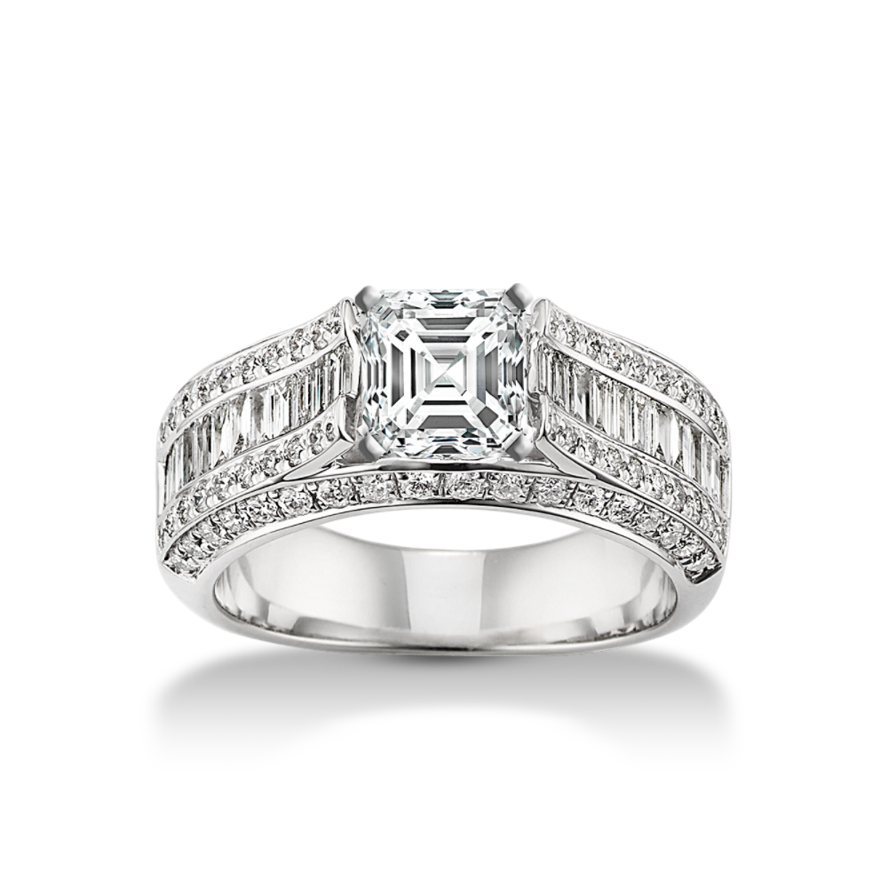 Baguette and Round Natural Diamond Platinum Engagement Ring with Channel-Setting