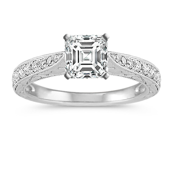 Vintage Cathedral 14k White Gold Engagement Ring with Engraving and Pave Setting