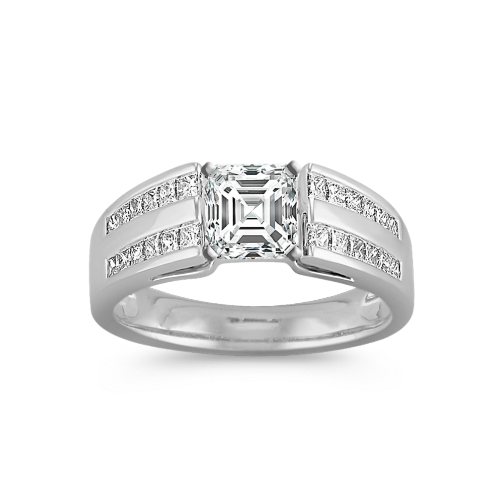 Cathedral Princess Cut Natural Diamond Engagement Ring with Channel-Setting
