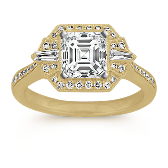 Art Deco Diamond Halo Engagement Ring in 14k Yellow Gold with Asscher Diamond