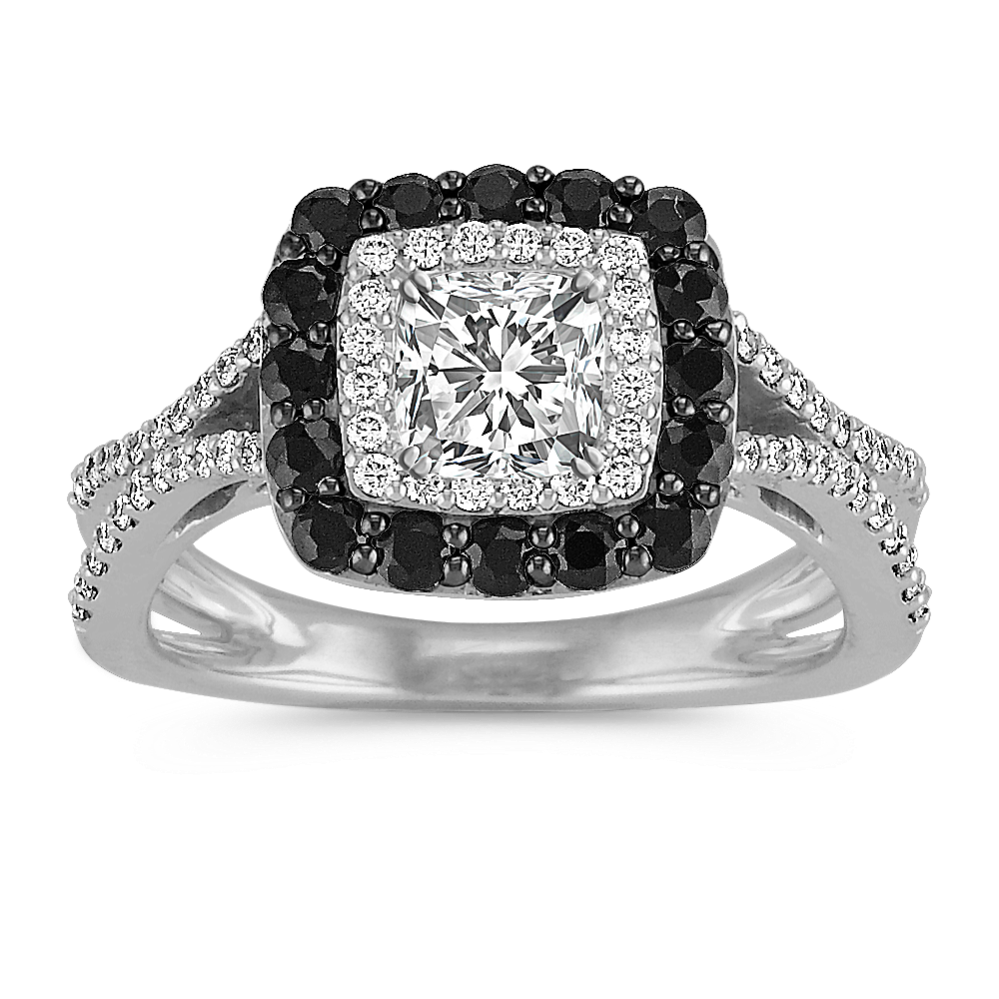 Cushion Double Halo Engagement Ring with Black Sapphires and Diamonds