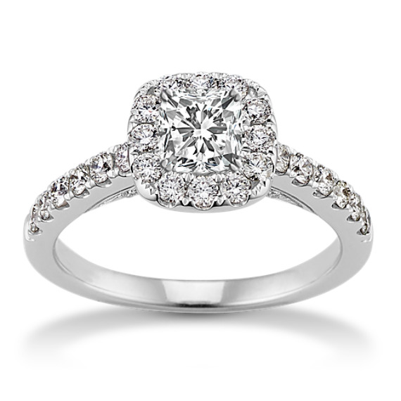 Classic Pave-Set Diamond Halo Engagement Ring in 14K White Gold with Cushion Cut Diamond