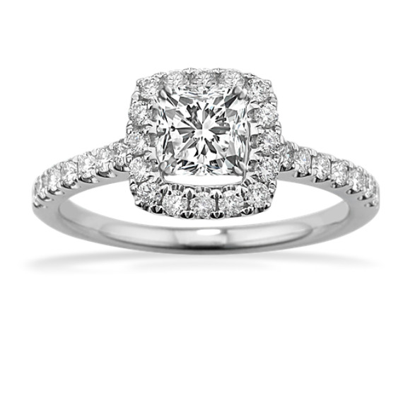 Pave-Set Halo Engagement Ring in 14k White Gold with Cushion Cut Diamond